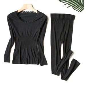 Warm Suit Women's Small 2 PC Long Johns Long Sleeve Top Lace Trim & Pants Black
